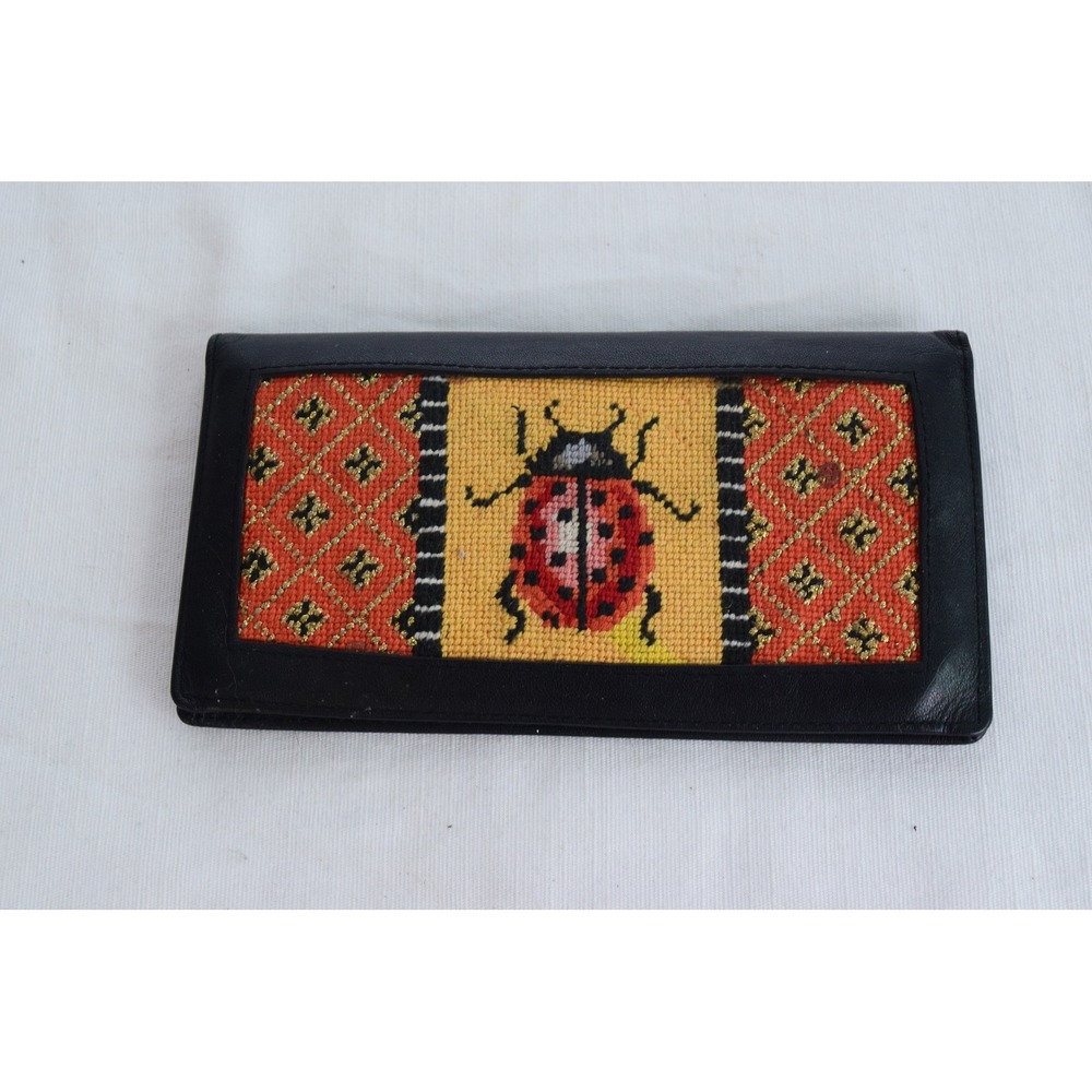 Lee's Needle Art Wallet OS Black Ladybug Needlepoint Leather Checkbook Women